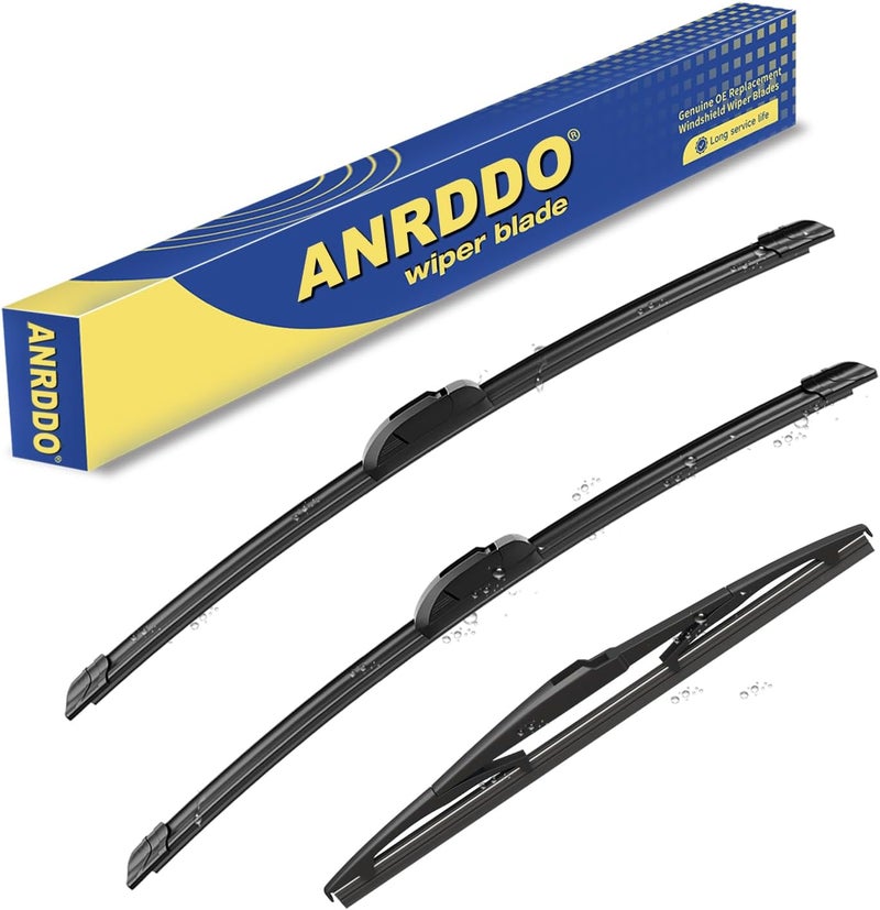 ANRDDO مجموعة استبدال لمساحات زجاج أمامي لسيارات مازدا CX9 CX-9 2007 2008 2009 2010 2011 2012-2016، مجموعة شفرات مساحات أصلية مقاس 26"+17"+14" (مجموعة من 3) خطاف U/J مرن ومقاوم للانحناء - Image 1