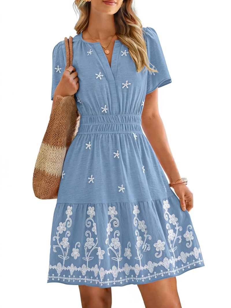 Simplee Womens Summer Wedding Guest Dress Short Sleeve Flowy A line Dresses Spring Casual Formal Embroidery Short Dress (Grey Blue M) - Image 1