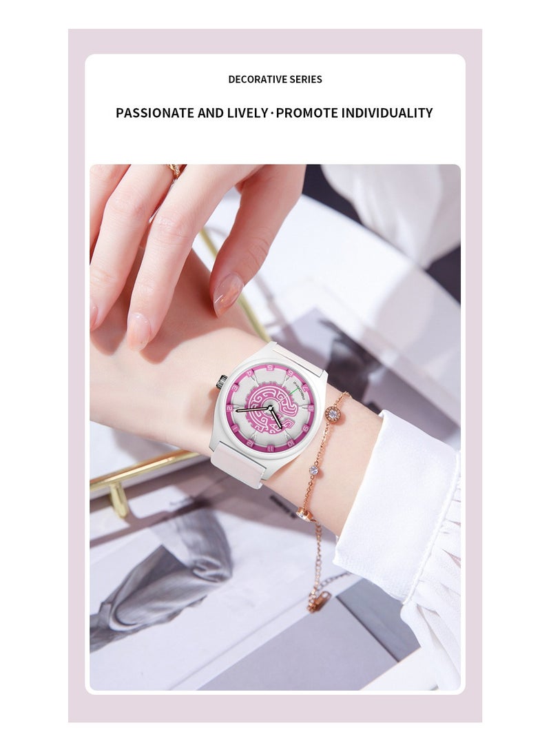 xozgdovg Young female students watch waterproof barrel silicone belt Shi Ying women's watch /YBN8866 white rose red silicone belt.  - Image 4