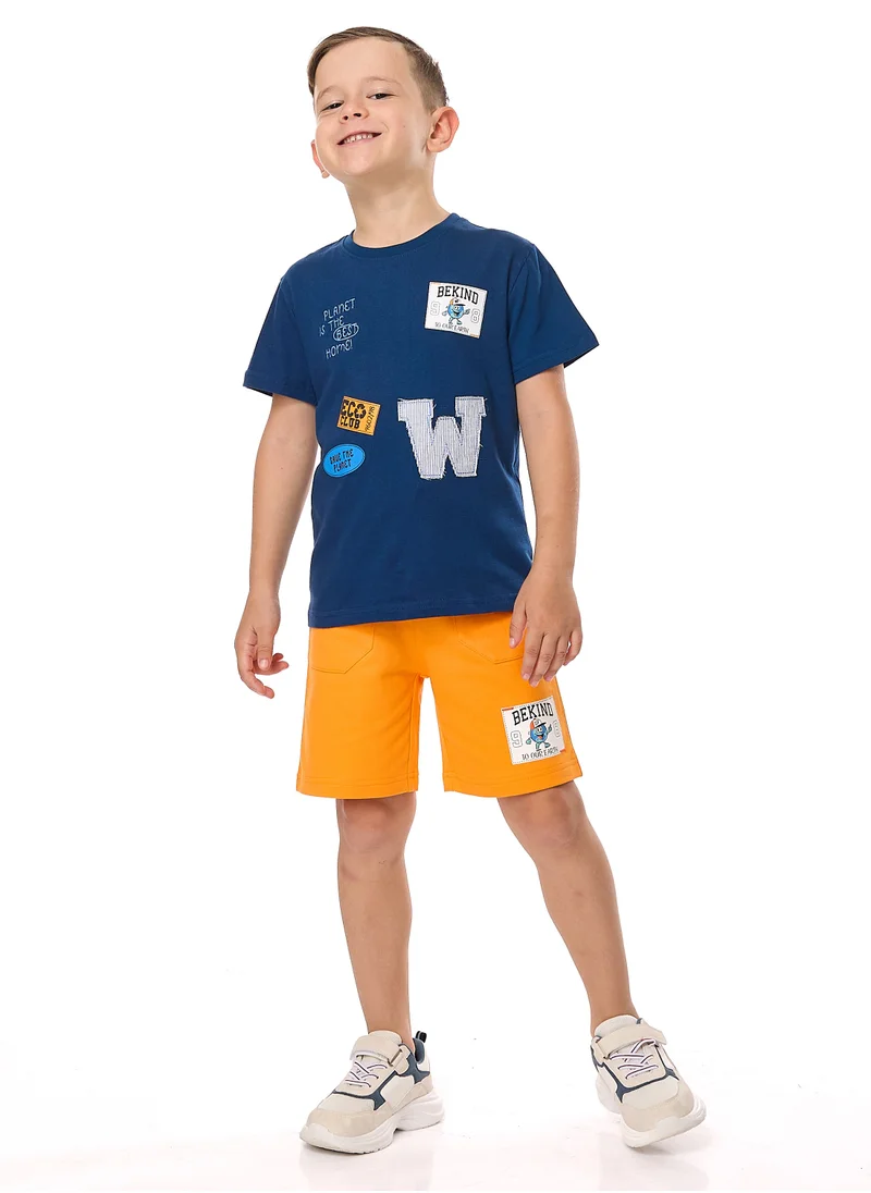 victor and jane Victor and Jane Cotton Round Neck T-Shirt & Shorts Set with label deatail - Blue And Orange