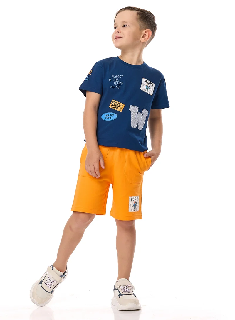 victor and jane Victor and Jane Cotton Round Neck T-Shirt & Shorts Set with label deatail - Blue And Orange