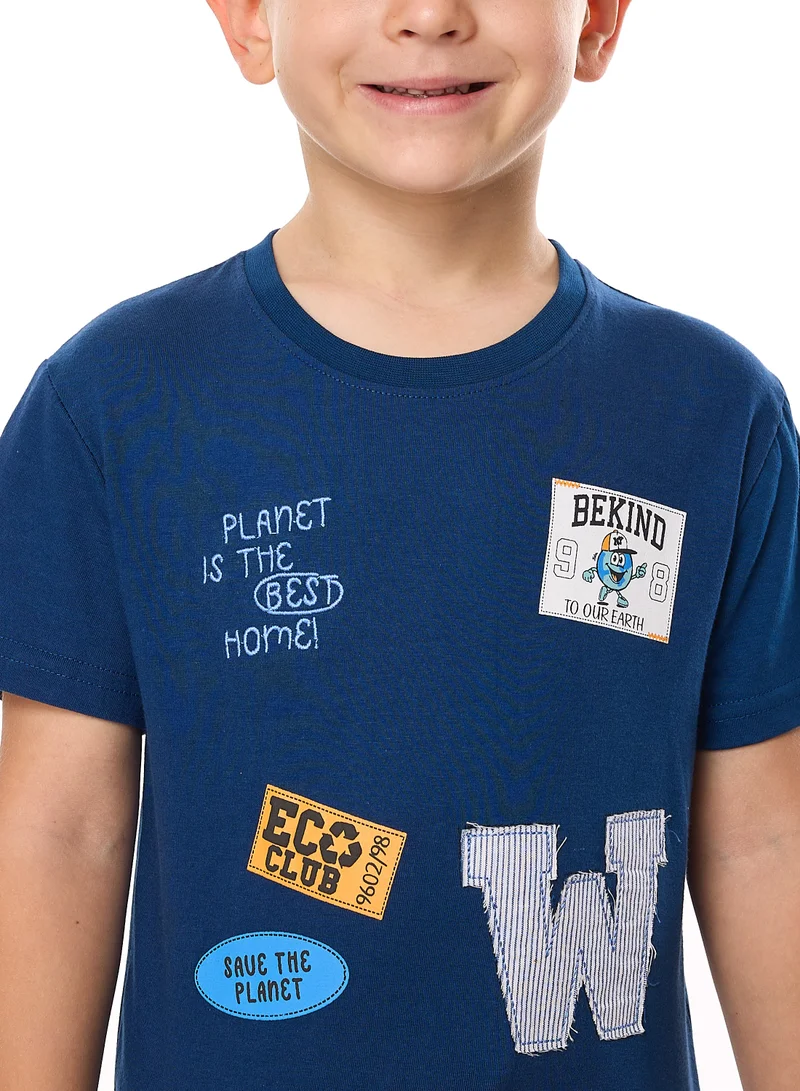 victor and jane Victor and Jane Cotton Round Neck T-Shirt & Shorts Set with label deatail - Blue And Orange