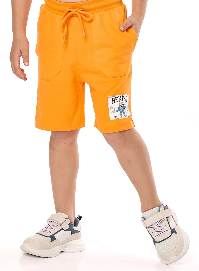 victor and jane Victor and Jane Cotton Round Neck T-Shirt & Shorts Set with label deatail - Blue And Orange