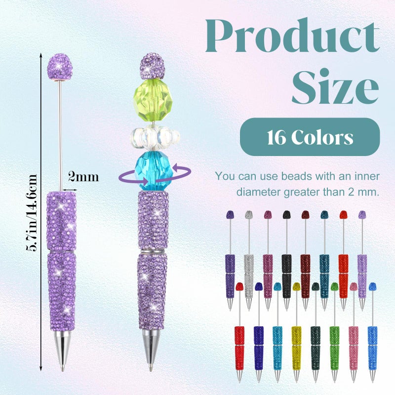 JOUTYFOR 16 Pcs Glitter Beadable Pens Full Rhinestone Fancy Pens for Beads DIY Diamond Beaded Pen Kit Cute Journalling Ballpoint Fun Bling Ballpoint Pen for DIY Craft Making (Full Diamond) - Image 2