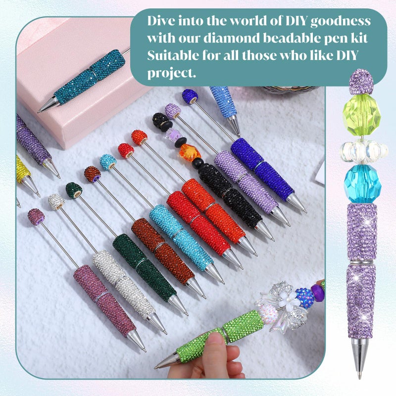 JOUTYFOR 16 Pcs Glitter Beadable Pens Full Rhinestone Fancy Pens for Beads DIY Diamond Beaded Pen Kit Cute Journalling Ballpoint Fun Bling Ballpoint Pen for DIY Craft Making (Full Diamond) - Image 5