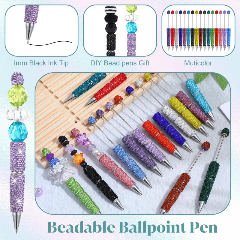 JOUTYFOR 16 Pcs Glitter Beadable Pens Full Rhinestone Fancy Pens for Beads DIY Diamond Beaded Pen Kit Cute Journalling Ballpoint Fun Bling Ballpoint Pen for DIY Craft Making (Full Diamond) - Image 3