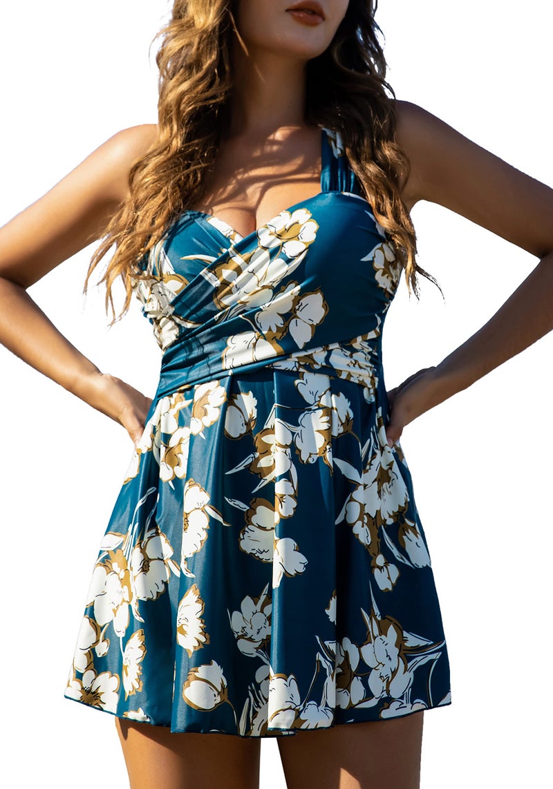COCOPEAR Women Elegant Crossover One Piece Swimdress Floral Skirted Swimsuit ,Teal Floral,3XL/16-18 - Image 1