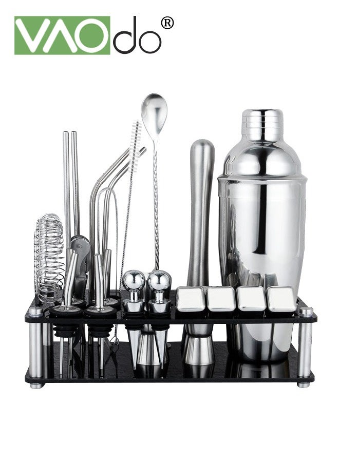 VAOdo 25PCS Cocktail Shaker Set Stainless Steel Bartender Kit with Acrylic Stand Professional Bar Tools for Drink Mixing Home Bar Party Include 4 Whiskey Stones  - Image 1