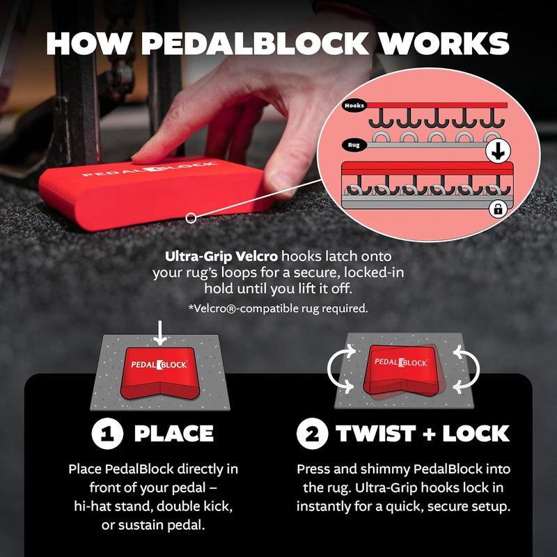 KickBlock PedalBlock – Drum Pedal Anchor for Hi-Hat Stand, Double Kick, Keyboard and Electronic Bass Drum Pedals – Prevents Slide with Shock-Absorbing Grip – Brick Red (Set of 2) - Image 4