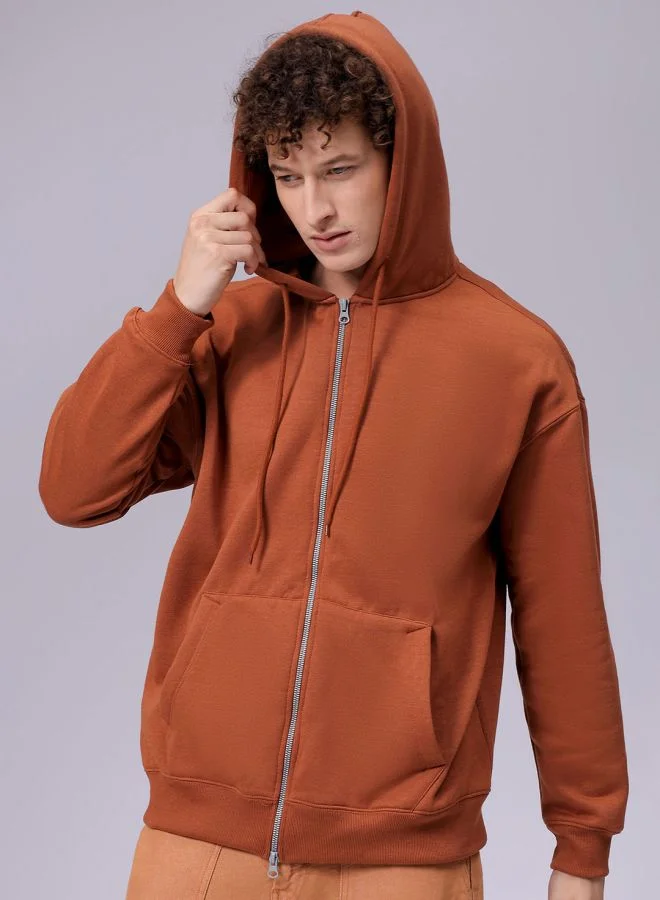 The Indian Garage Co Men Relaxed Fit Solid Front Open Hooded Sweatshirt