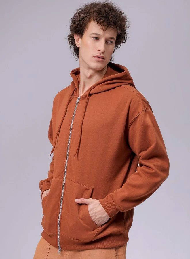 The Indian Garage Co Men Relaxed Fit Solid Front Open Hooded Sweatshirt