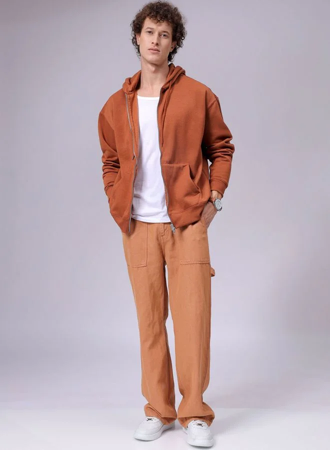 The Indian Garage Co Men Relaxed Fit Solid Front Open Hooded Sweatshirt