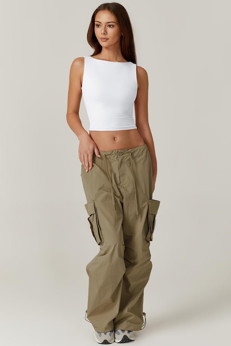 QINSEN Women's Sexy Open Back Sleeveless Crop Tank High Neck Slim Fit Cropped Tee Shirt Y2k Tops White L - Image 3