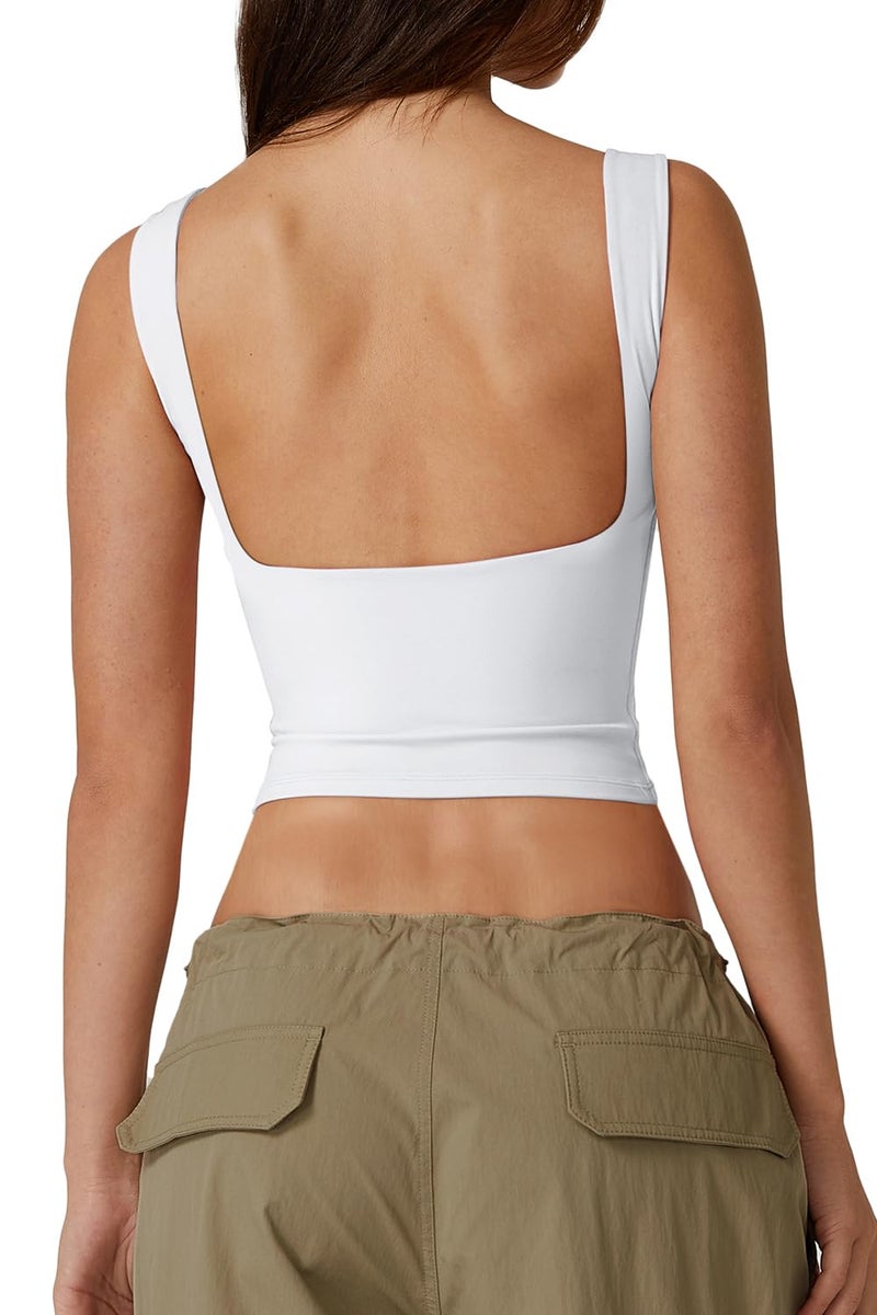 QINSEN Women's Sexy Open Back Sleeveless Crop Tank High Neck Slim Fit Cropped Tee Shirt Y2k Tops White L - Image 1