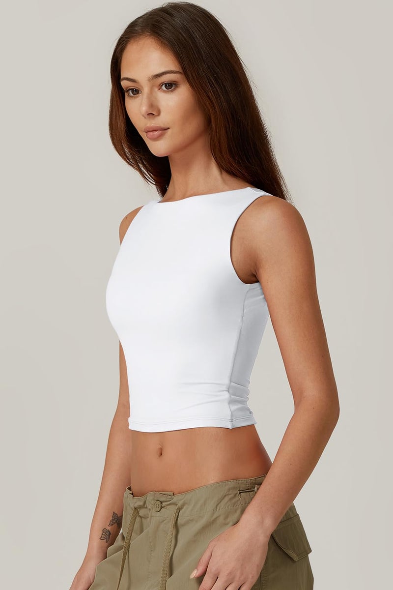 QINSEN Women's Sexy Open Back Sleeveless Crop Tank High Neck Slim Fit Cropped Tee Shirt Y2k Tops White L - Image 4