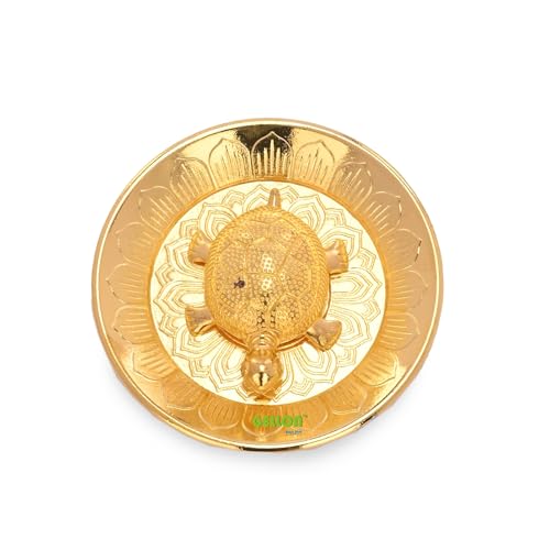 Gellon Brass Turtle Kachua for Good Luck, Shri Yantra Kachua, Tortoise On Plate, Feng Shui Home Décor, Tortoise for Good Luck in Gold Finish with Yantra On Turtle - Image 3