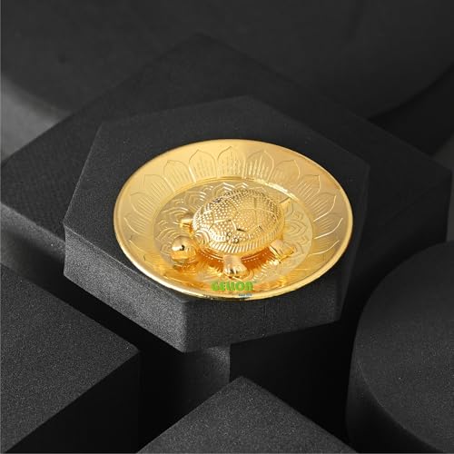 Gellon Brass Turtle Kachua for Good Luck, Shri Yantra Kachua, Tortoise On Plate, Feng Shui Home Décor, Tortoise for Good Luck in Gold Finish with Yantra On Turtle - Image 1