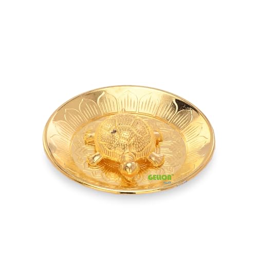 Gellon Brass Turtle Kachua for Good Luck, Shri Yantra Kachua, Tortoise On Plate, Feng Shui Home Décor, Tortoise for Good Luck in Gold Finish with Yantra On Turtle - Image 2