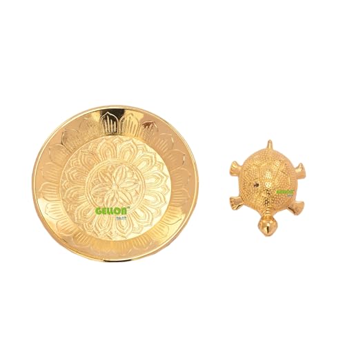 Gellon Brass Turtle Kachua for Good Luck, Shri Yantra Kachua, Tortoise On Plate, Feng Shui Home Décor, Tortoise for Good Luck in Gold Finish with Yantra On Turtle - Image 4
