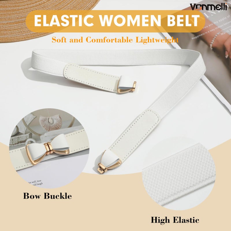 VONMELLI Womens Skinny Elastic White Belt Stretchy Bow Belt for Women Dresses Thin Waist Ladies Belts, M - Image 3
