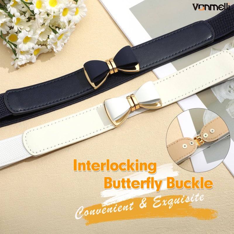 VONMELLI Womens Skinny Elastic White Belt Stretchy Bow Belt for Women Dresses Thin Waist Ladies Belts, M - Image 2
