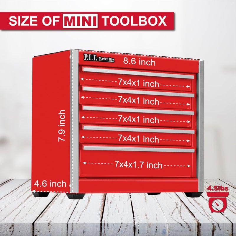 PIT P.I.T. Mini Red Tool Box, Portable 5-Drawer Micro Roll Cab Steel Tool Box with Liner, Red Small Tool Case for Tools Storage, Home DIY - Image 2