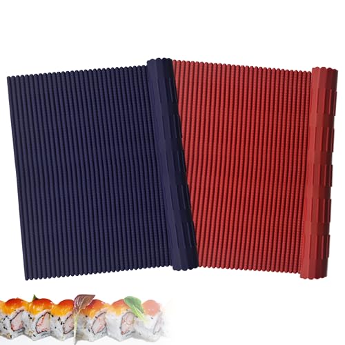 Esamploe 2 Pcs Silicone Sushi Mat,Non Stick Silicone Sushi Roll Mat,Durable Silica Sushi Roller,Reusable and Easy to Clean,Home Kitchen DIY Sushi Silica Making Tools(Red/Blue) - Image 1