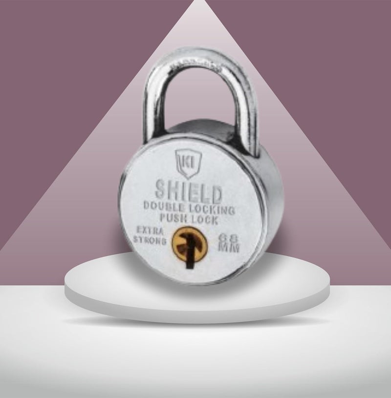 KI SHIELD قفل بادلوك دائري مفاتيح 1007 من الصلب 68 مم | (8 رافعات، 4 مفاتيح) | (تشطيب مطلي بالكروم الفضي) | ملحقات الأبواب، أقفال الشتر، أقفال الأبواب | متين وطويل الأمد | 1 قطعة - Image 3