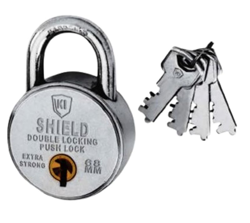 KI SHIELD قفل بادلوك دائري مفاتيح 1007 من الصلب 68 مم | (8 رافعات، 4 مفاتيح) | (تشطيب مطلي بالكروم الفضي) | ملحقات الأبواب، أقفال الشتر، أقفال الأبواب | متين وطويل الأمد | 1 قطعة - Image 1
