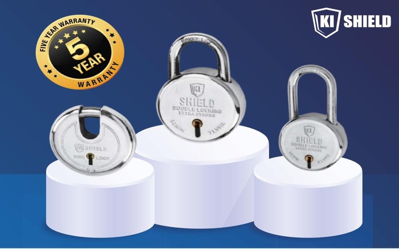 KI SHIELD قفل بادلوك دائري مفاتيح 1007 من الصلب 68 مم | (8 رافعات، 4 مفاتيح) | (تشطيب مطلي بالكروم الفضي) | ملحقات الأبواب، أقفال الشتر، أقفال الأبواب | متين وطويل الأمد | 1 قطعة - Image 4
