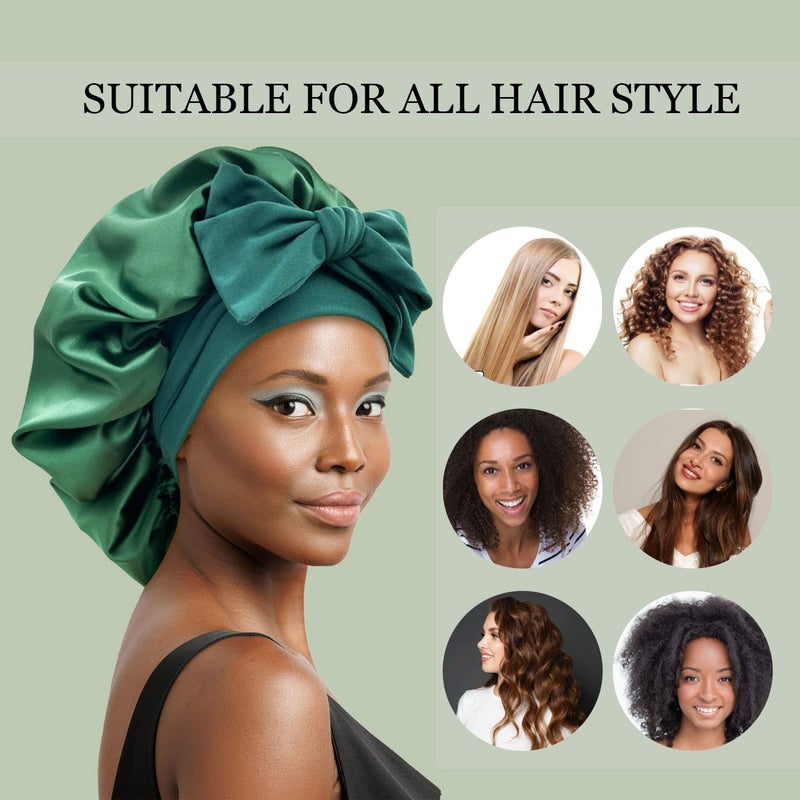 Gili Satin Silk Hair Bonnet for Sleeping Large Bonnets with Tie Band Hair Wrap with Adjustable Straps Hair Cap Night Sleep Caps for Women Curly Braid Hair Hunter Green - Image 4
