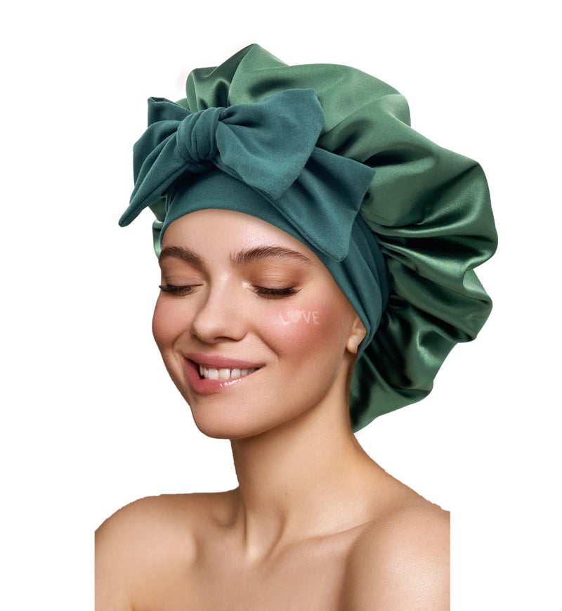 Gili Satin Silk Hair Bonnet for Sleeping Large Bonnets with Tie Band Hair Wrap with Adjustable Straps Hair Cap Night Sleep Caps for Women Curly Braid Hair Hunter Green - Image 1