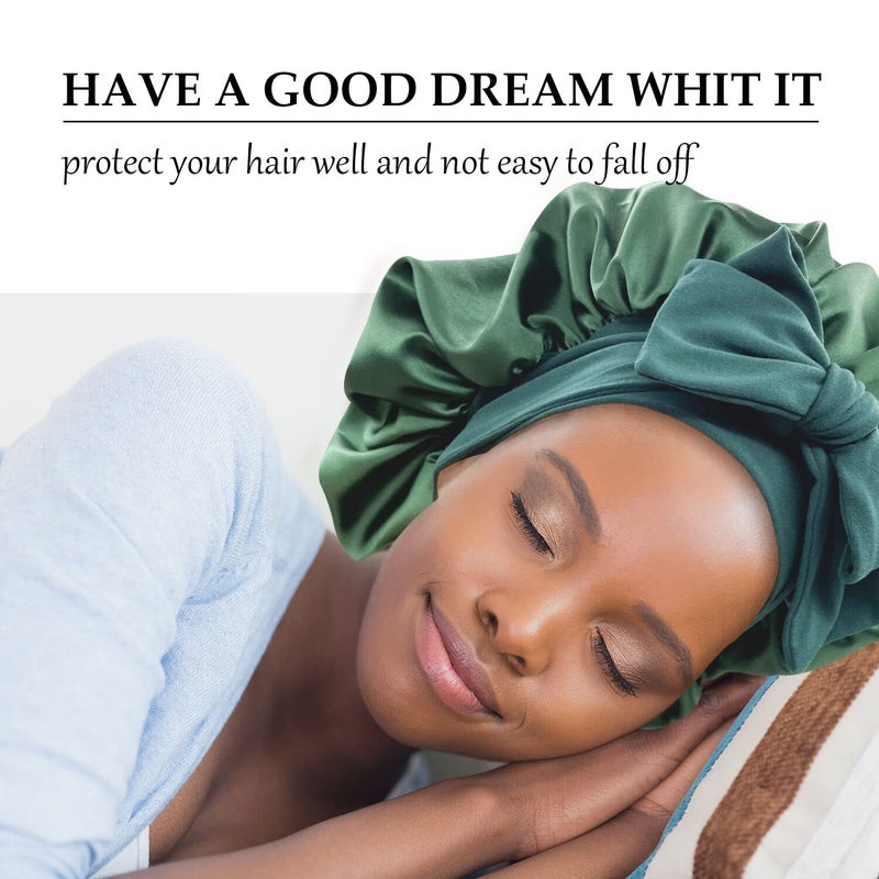 Gili Satin Silk Hair Bonnet for Sleeping Large Bonnets with Tie Band Hair Wrap with Adjustable Straps Hair Cap Night Sleep Caps for Women Curly Braid Hair Hunter Green - Image 2