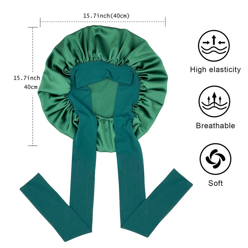 Gili Satin Silk Hair Bonnet for Sleeping Large Bonnets with Tie Band Hair Wrap with Adjustable Straps Hair Cap Night Sleep Caps for Women Curly Braid Hair Hunter Green - Image 3