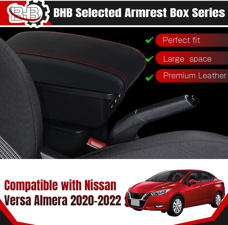 BHB Armrest Box for Nissan Almera Versa 2020-2022 with USB Charging and Red Stitching - Image 2