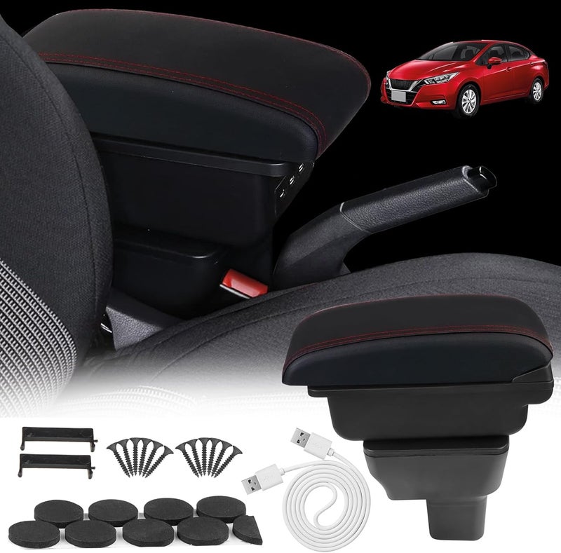 BHB Armrest Box for Nissan Almera Versa 2020-2022 with USB Charging and Red Stitching - Image 1