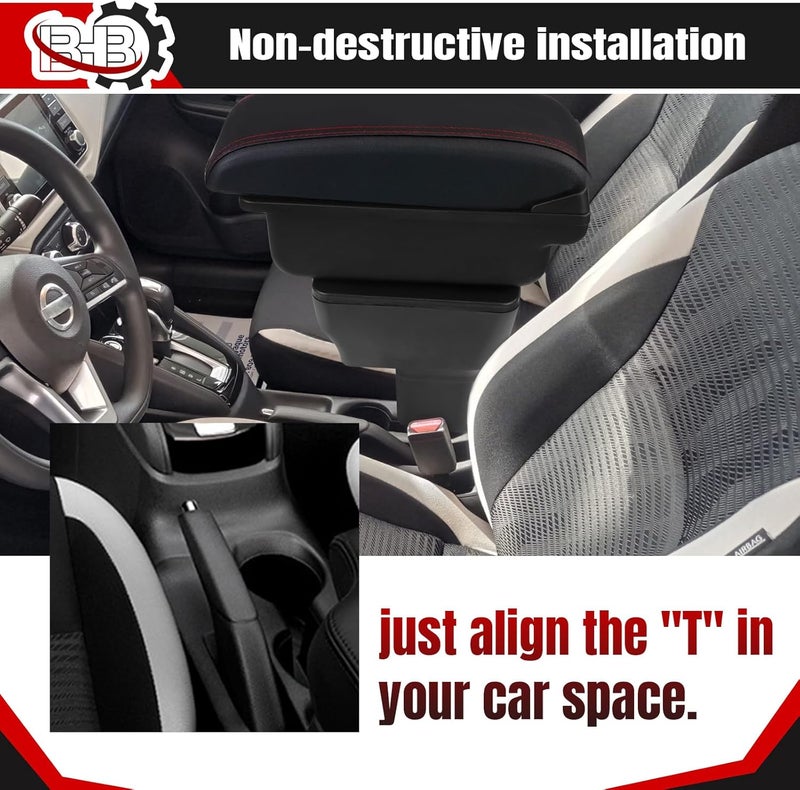 BHB Armrest Box for Nissan Almera Versa 2020-2022 with USB Charging and Red Stitching - Image 3