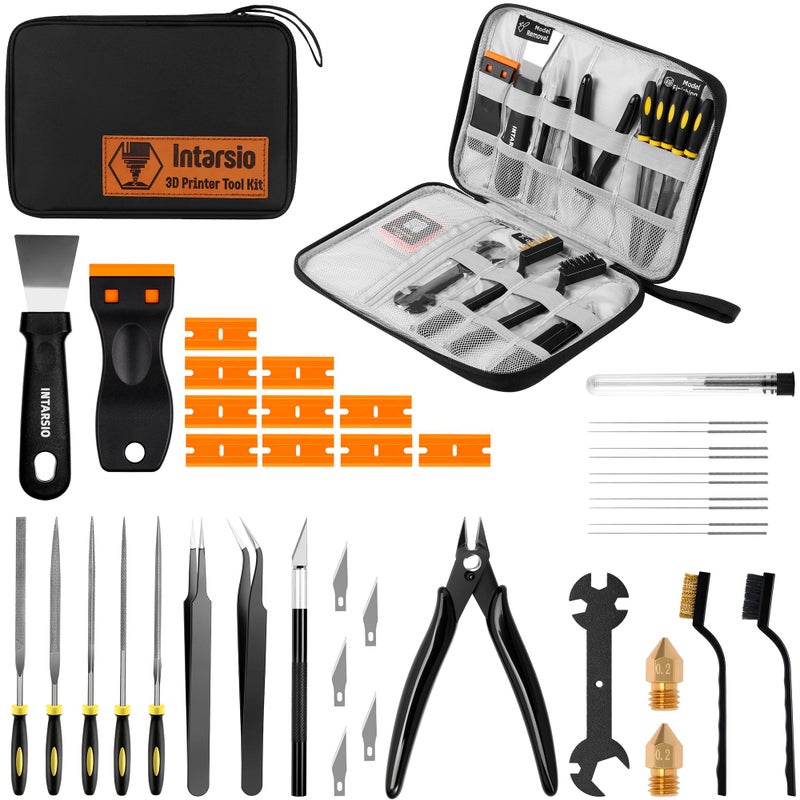 Intarsio 3D Printer Tools Kit, 34pcs 3D Printer Accessories for All FDM/SLA Printers Includes Nozzle Cleaning Tools, Removal Scrapers, Finishing Tools, 5 Types of Files,Brushes, Wire Cutter, Engraving Knife - Image 1
