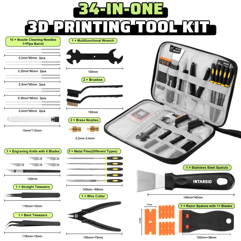 Intarsio 3D Printer Tools Kit, 34pcs 3D Printer Accessories for All FDM/SLA Printers Includes Nozzle Cleaning Tools, Removal Scrapers, Finishing Tools, 5 Types of Files,Brushes, Wire Cutter, Engraving Knife - Image 2