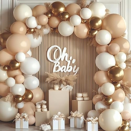 YOURS DECOR Balloon Decoration Kit - 37 PCS Beige, White & Golden Chrome Balloons for Birthday, Weddings, Anniversary & Events | Pastel Balloons Garland Set Birthday Decoration Items for Kids & Adults - Image 1