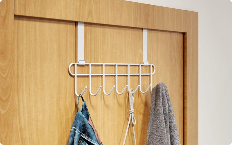 Amiraj Multi-Alloy Steel Over-The-Door Hook Hanger Rack | No Drilling Required, 7 Hooks for Bedroom, Bathroom & Kitchen Doors | Hanging Organizer, White (Pack of 1) - Image 1