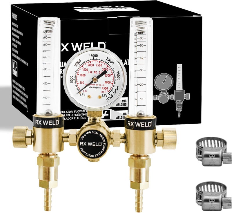 RX WELD Dual Output Argon Regulator Flow Meter Mig Tig 0-60CFH CGA580 Inlet 5/"8 UNF-18RH Outlet - Image 1