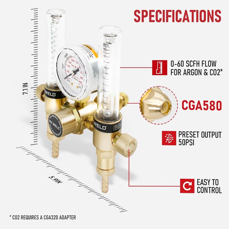 RX WELD Dual Output Argon Regulator Flow Meter Mig Tig 0-60CFH CGA580 Inlet 5/"8 UNF-18RH Outlet - Image 2