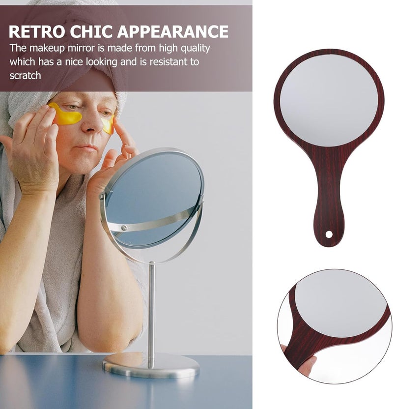 Vintage Wooden Handle Handheld Mirror for Women, Round Retro Cosmetic Mirror with Rosewood Color, Travel-Friendly Beauty Tool - Image 3