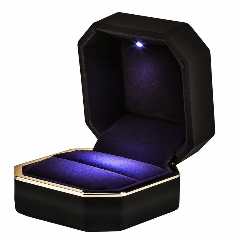 AVESON Luxury Ring Box Square Velvet Wedding Ring Case Jewelry Gift Box with LED Light for Proposal Engagement Wedding Black