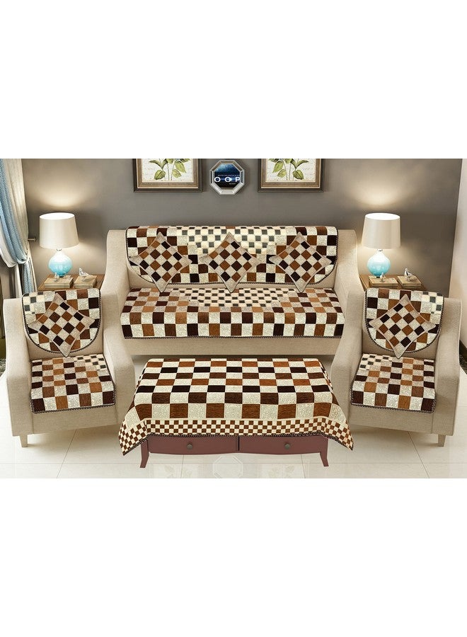 Jayvaam 5 Seater Sofa Cover with Cushion & Table Cover - Washable Cover for Home Office Living Room Sofa Couch - Slip Covers Panels for Furniture Protector (10 Piece, Chiku & Brown, Chenille) - Image 1