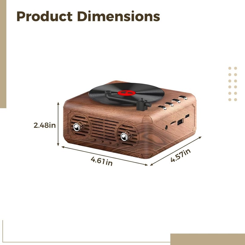 Wireless Retro Record Player with Bass, Wooden Vinyl Speaker, 4.6 X 4.6 X 2.5 in - Image 5