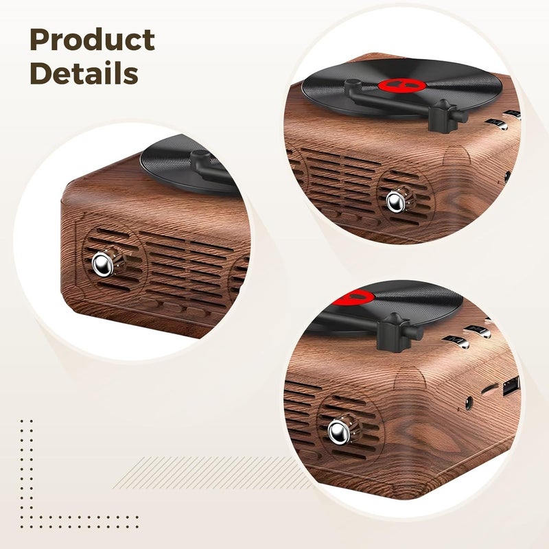Wireless Retro Record Player with Bass, Wooden Vinyl Speaker, 4.6 X 4.6 X 2.5 in - Image 2