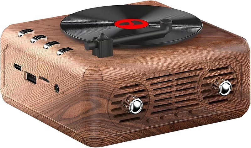Wireless Retro Record Player with Bass, Wooden Vinyl Speaker, 4.6 X 4.6 X 2.5 in - Image 1