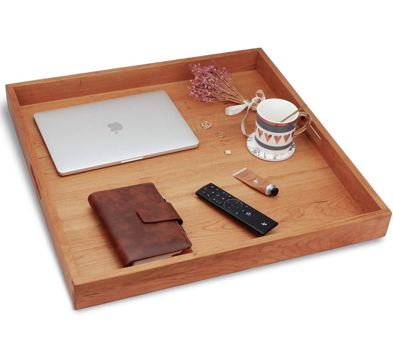 MAGIGO 24 x 24 Inches Large Square Cherry Wood Ottoman Tray with Handles, Serve Tea, Coffee or Breakfast in Bed, Classic Wooden Decorative Tray - Image 5